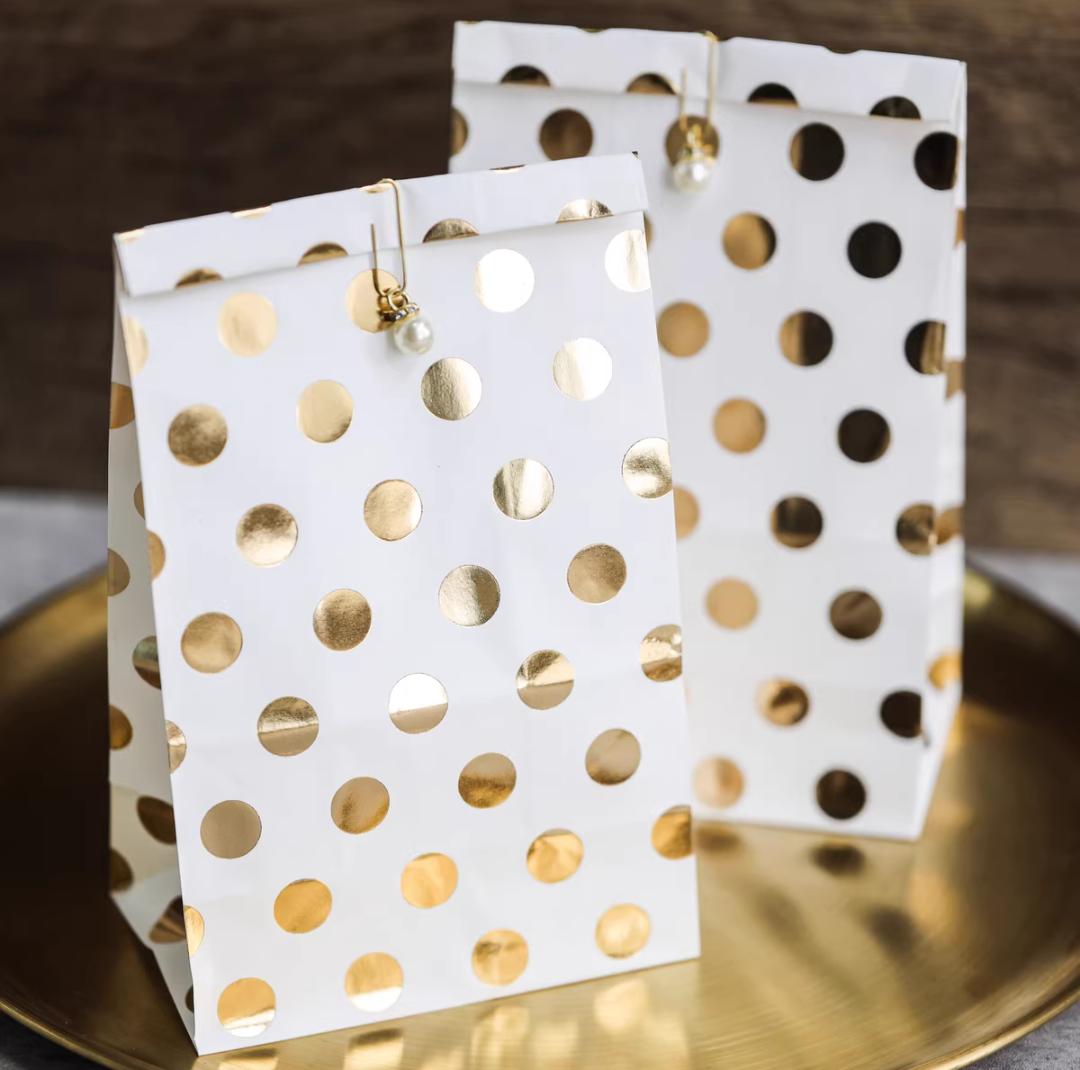GOLD POLKA KRAFT BAGS - COOKIE BAGS - TREAT BAGS ( 1 Pack = 50 PCs, Clips Included )